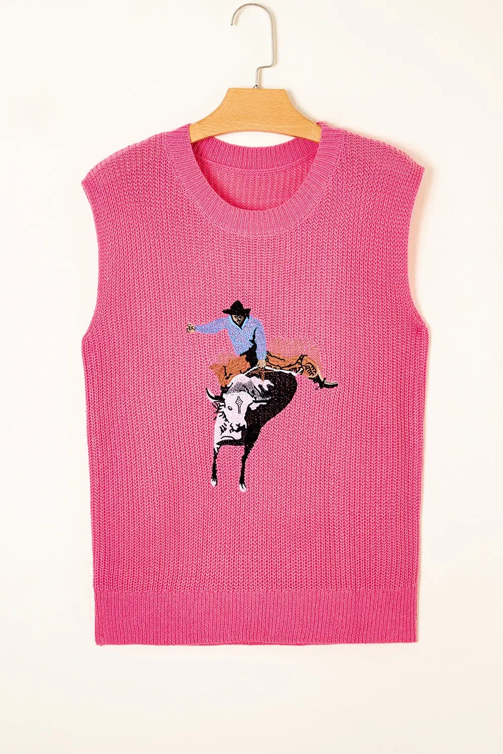 Bright Pink Western Cowboy Embroidery Sleeveless Sweater - Love Salve